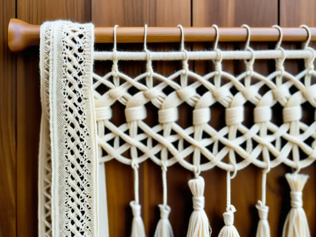 Detalle artesanal de un tablero de macramé vintage con patrones intrincados en tonos cálidos y tierra