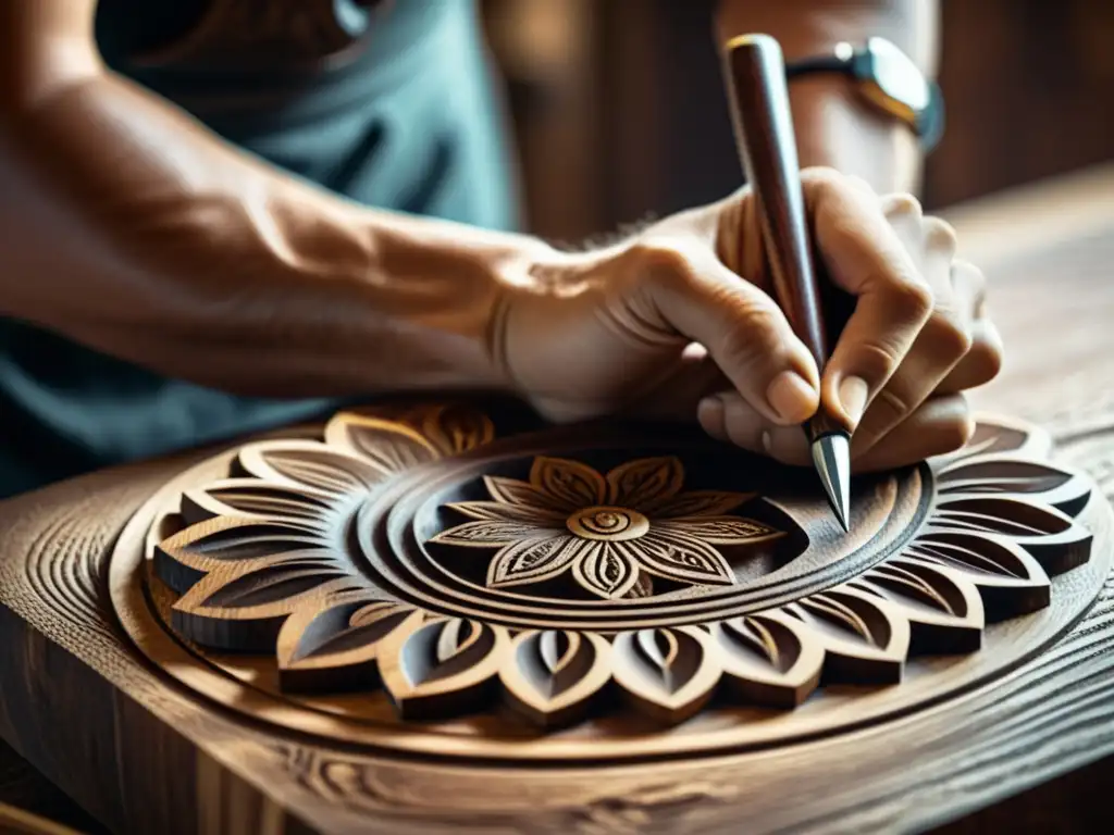 Detalle de artesano tallando diseños en madera oscura, fusionando storytelling y artesanía digital con precisión y calidez