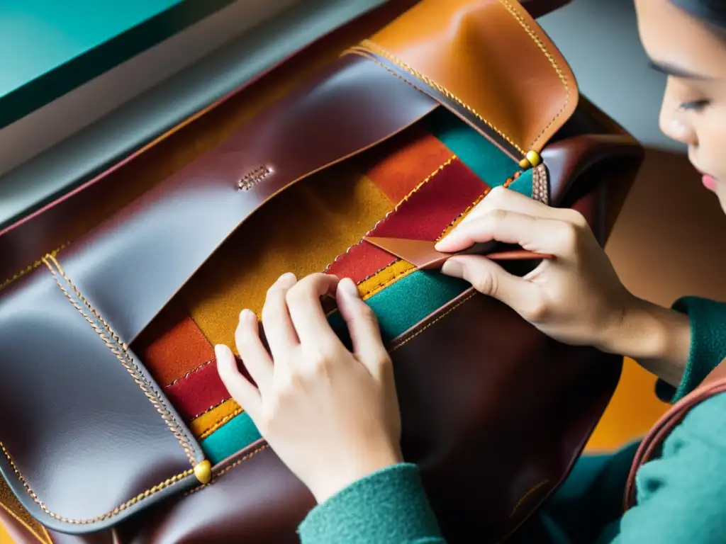 Detalle de artesano cosiendo a mano una elegante bolsa de cuero, resaltando la artesanía y diseño de marroquinería artesanal