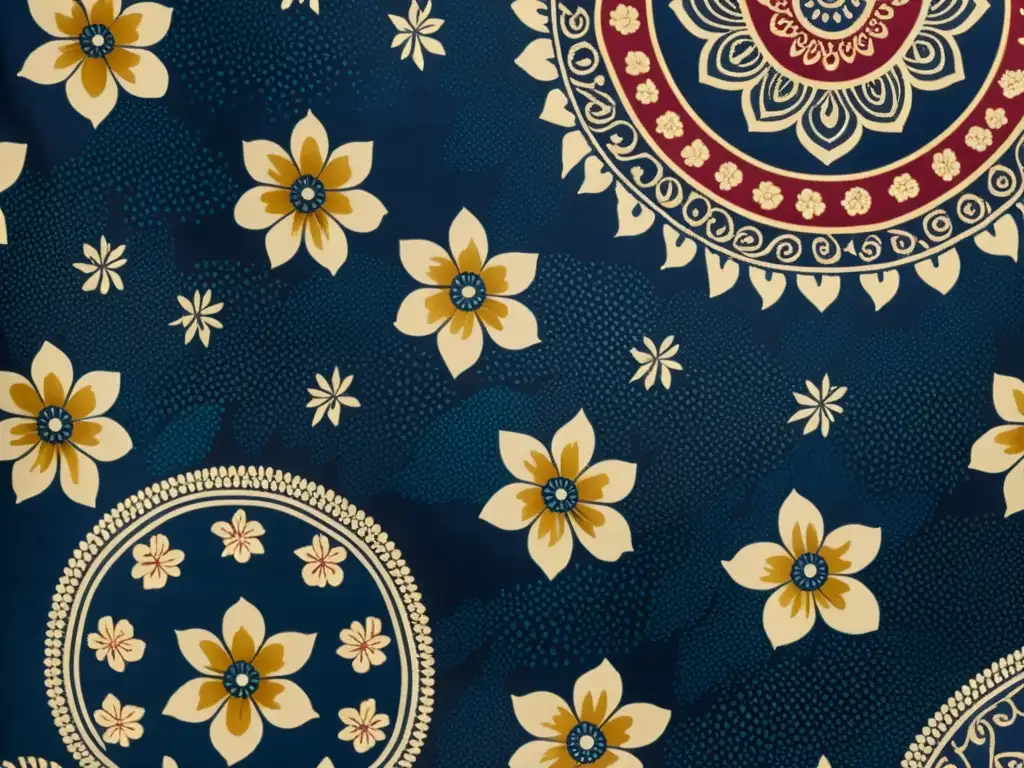 Detalle de tela batik indonesia con patrones vibrantes en indigo, carmesí y oro, evocando la naturaleza