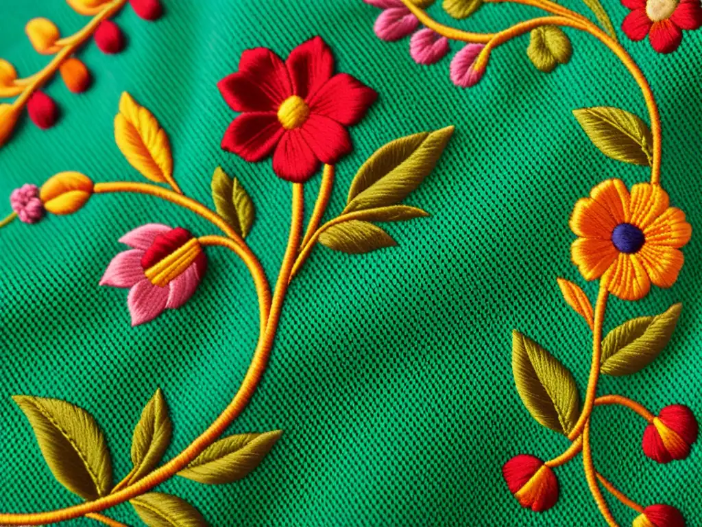 Detalles bordados: Arte floral en alta resolución Detalle de bordado floral tradicional, simbiosis entre bordado tradicional y diseño, con colores vibrantes y finos detalles artesanales
