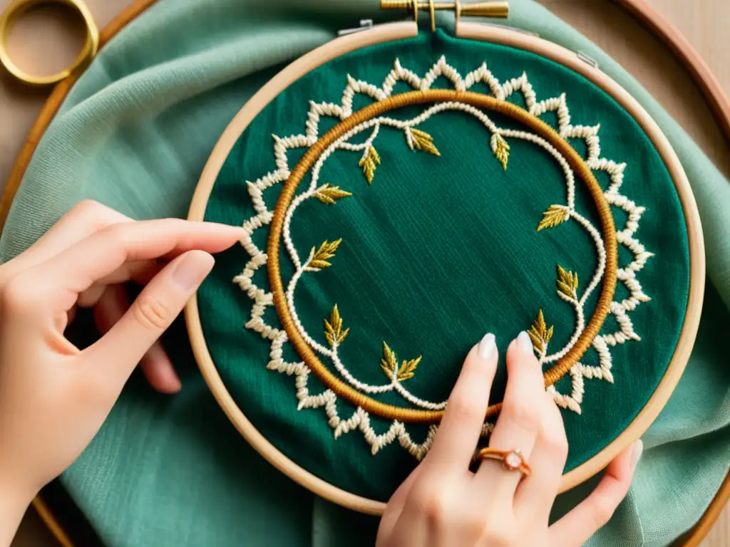 Detalle de un bordado vintage en aro, mostrando la evolución del arte textil con delicados puntos y colores vibrantes en un telón envejecido