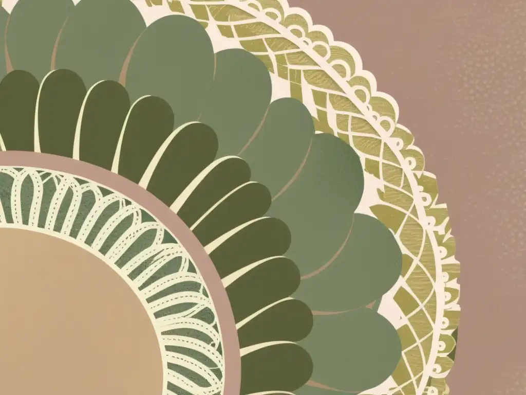 Detalle de ilustración digital en técnicas mixtas de papel vintage con texturas y patrones intricados en tonos sepia, verde oliva y rosa