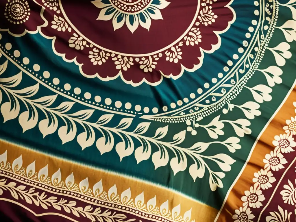 Detalle de un elegante textil batik vintage, con intrincados patrones y una paleta de colores rica