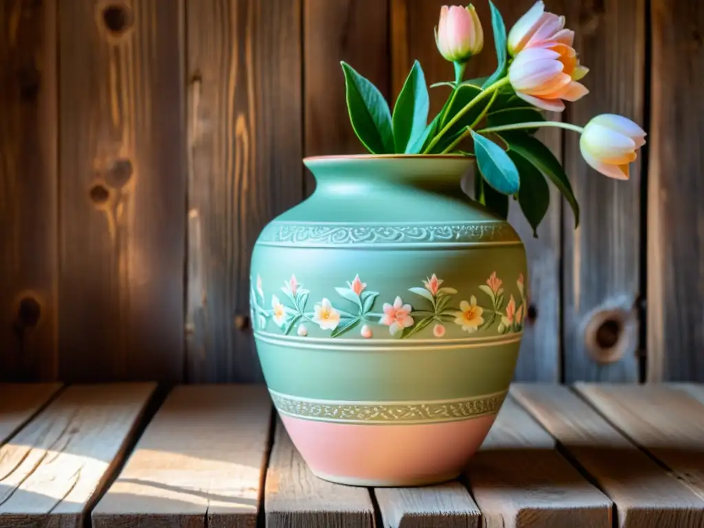 Detalle de un exquisito jarrón de cerámica decorado con patrones florales pintados a mano, sobre un fondo de madera rústica