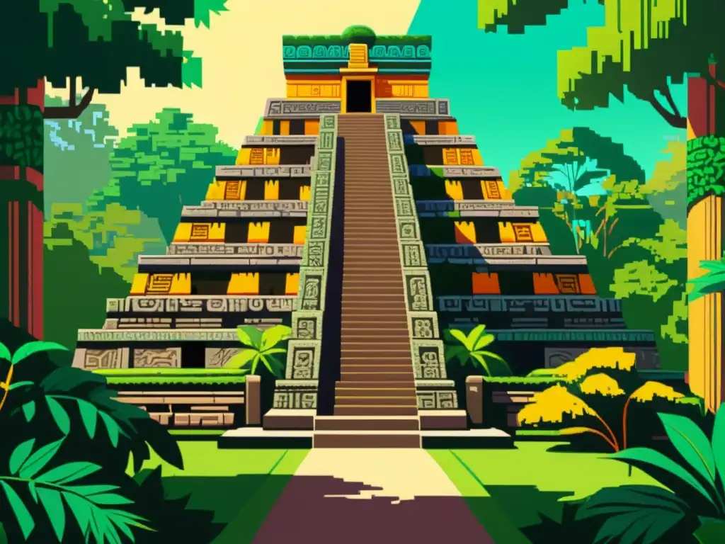 Detalle exquisito en pixel art de un templo maya en la selva