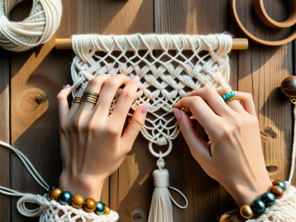 Detalle de manos tejiendo macramé en madera vintage, evocando artesanía y calidez