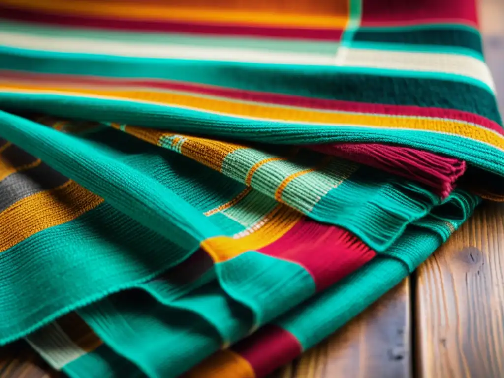 Detalle de textil artesanal con colores vibrantes en fondo de madera envejecida, realzando el arte popular y la artesanía tradicional