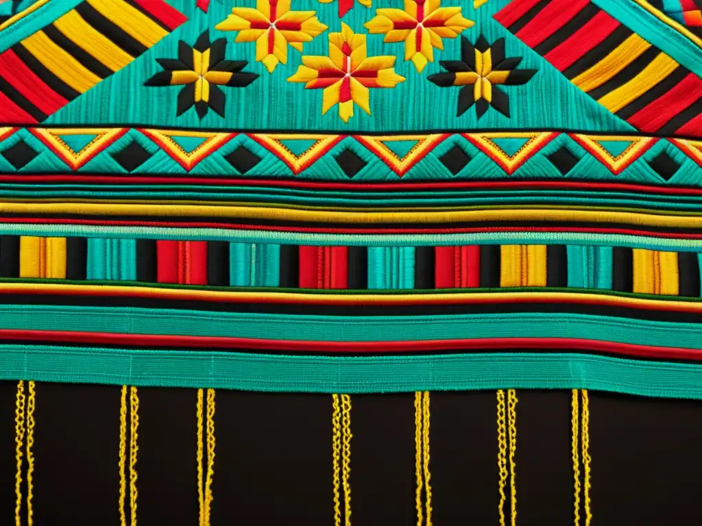 Detalle de textil indígena bordado, con colores vibrantes y patrones tradicionales