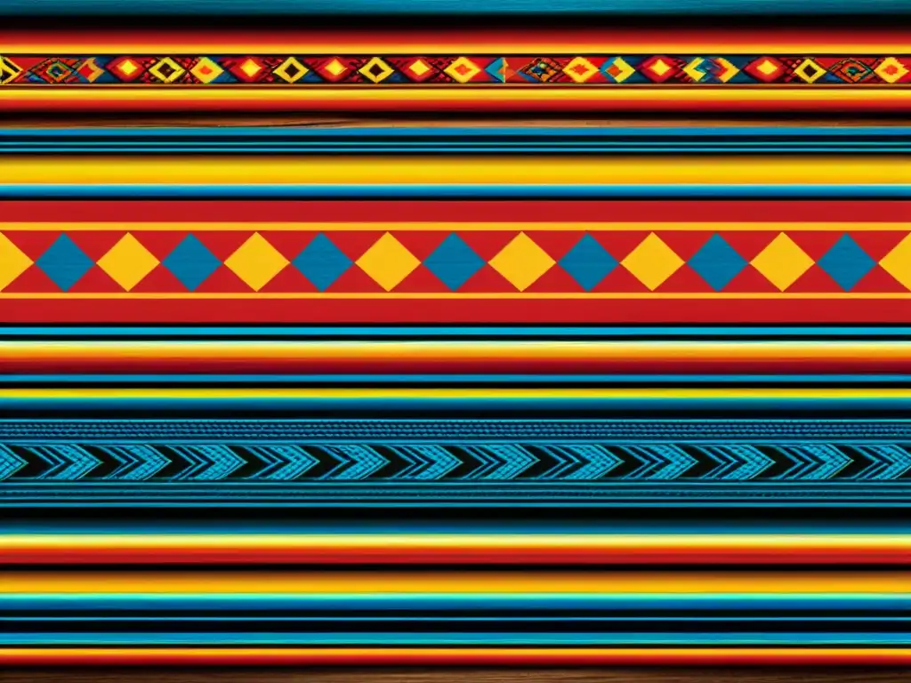 Detalle de un vibrante patrón textil mexicano en rojo, azul y amarillo sobre madera rústica, evocando artesanía tradicional