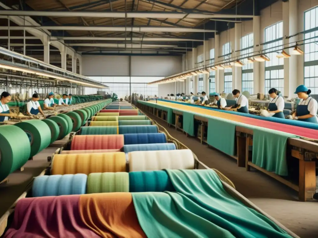 Textil reciclado: Tradición y sostenibilidad en la fábrica Detalle vintage de fábrica textil con trabajadores clasificando aplicaciones textiles reciclados era digital