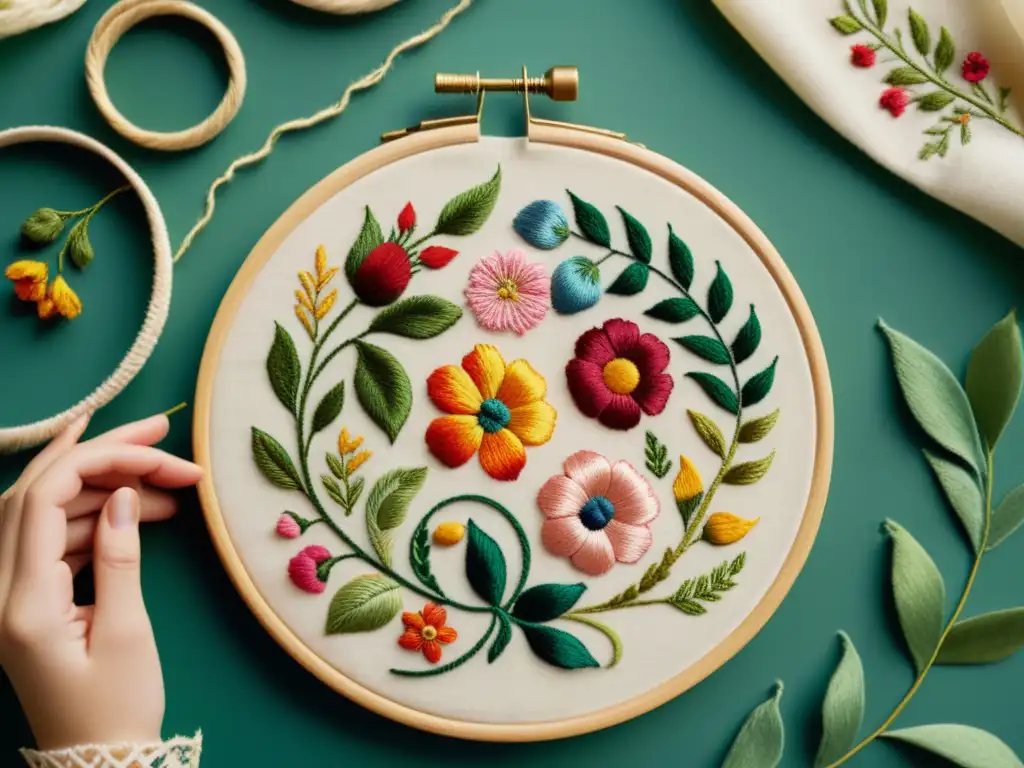 Bordado tradicional: detallada imagen en 8k de flores y enredaderas Detalles bordados de flores y hojas en tela vintage, iluminados por luz natural