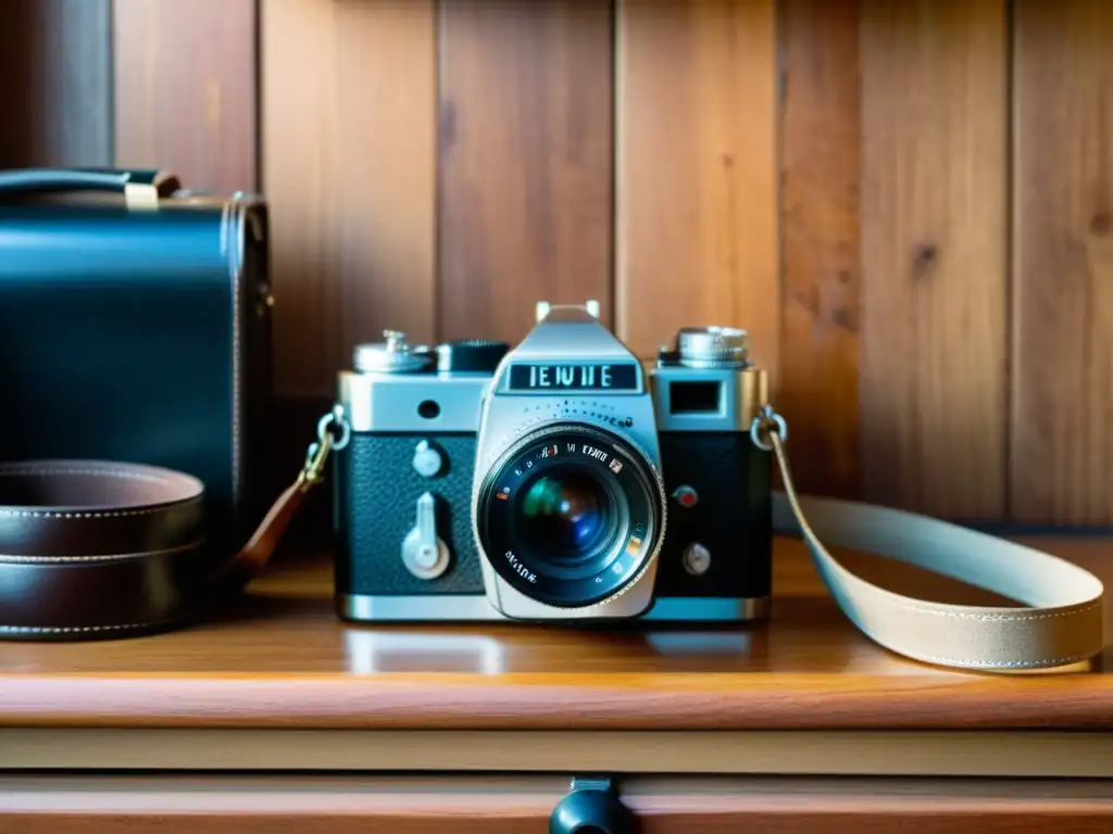 Detalles de cámara vintage y equipo fotográfico rodeados de luz cálida, evocando la fotografía artesanal para ventas online