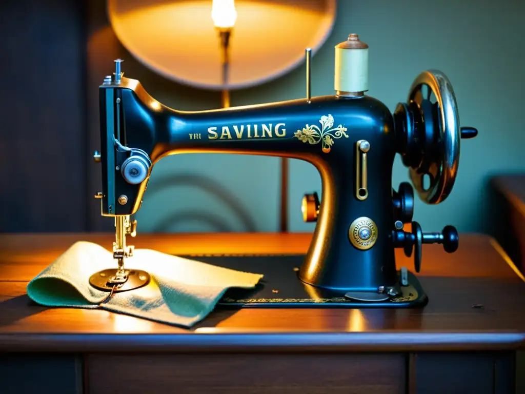 Detalles intrincados de una máquina de coser vintage iluminada por una lámpara cálida, con tejidos funcionales conectados