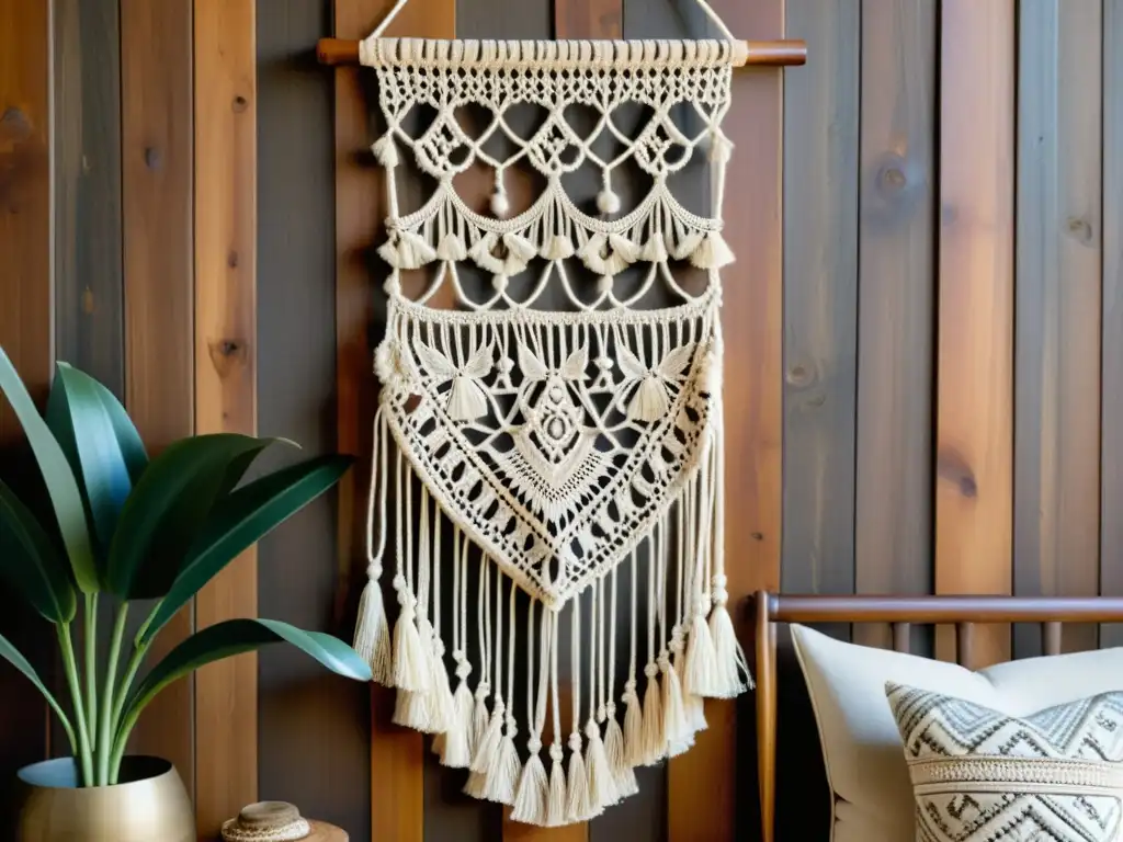 Detalles intrincados de un tapiz vintage de macramé en tonos terrosos, exhibido con elegancia rústica