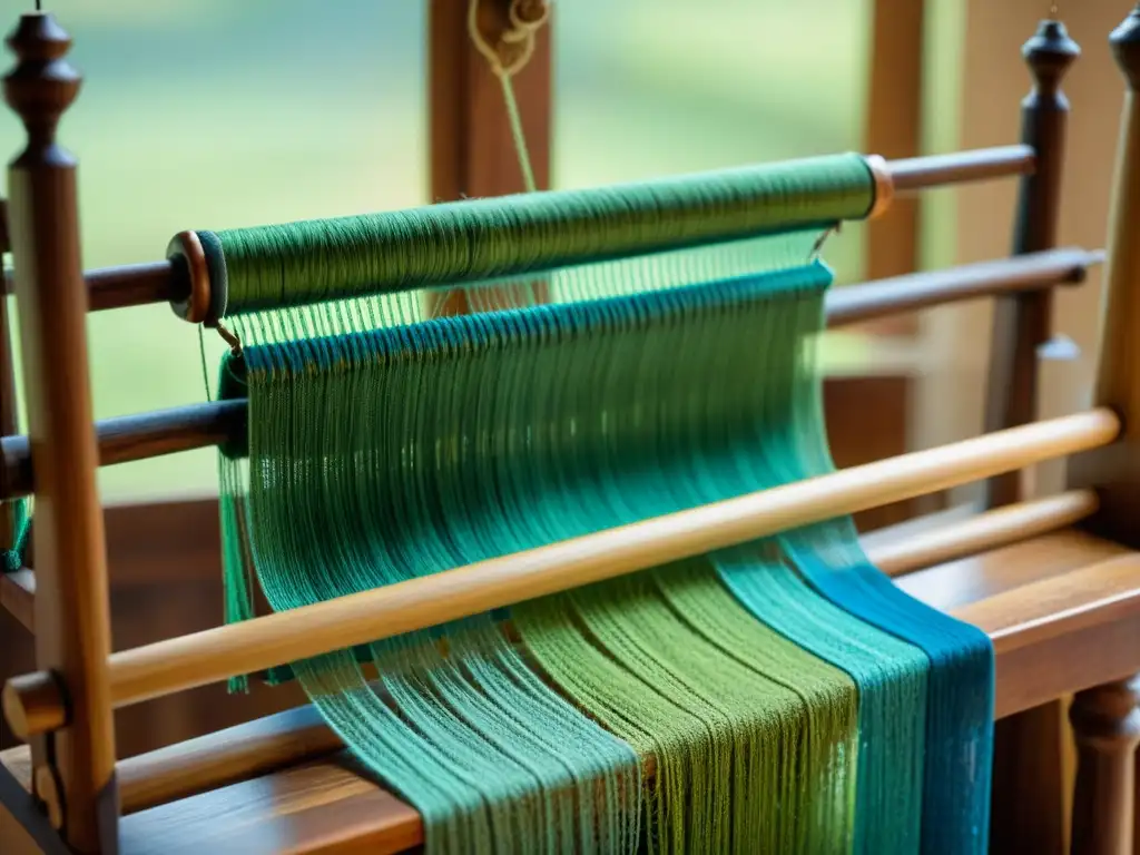 Detalles intrincados de un telar de madera vintage con hilos verdes y azules
