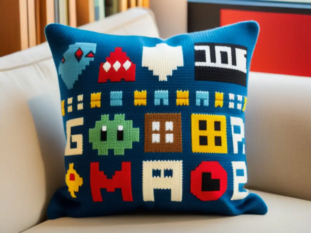 Cojín tejido a mano con diseño de videojuegos clásicos en sala retro Detalles de cojín tejido a mano con temática de videojuegos vintage en acogedor salón retro