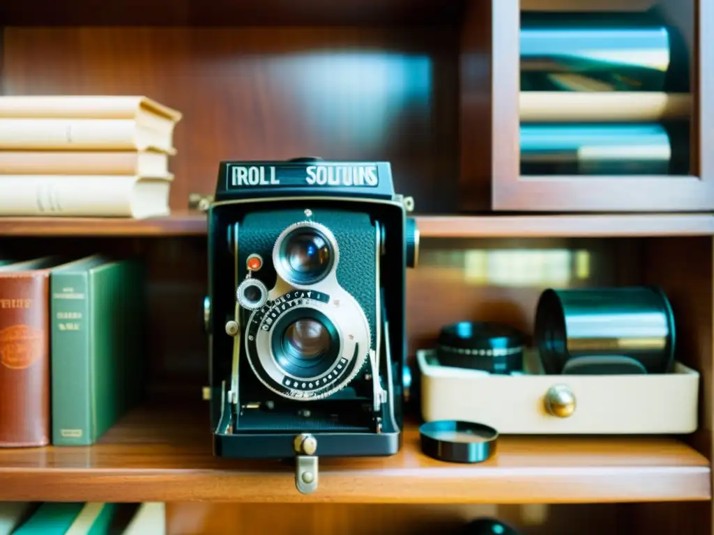 Detalles nostálgicos de una cámara vintage, con estantes de rollos de film, libros y soluciones fotográficas