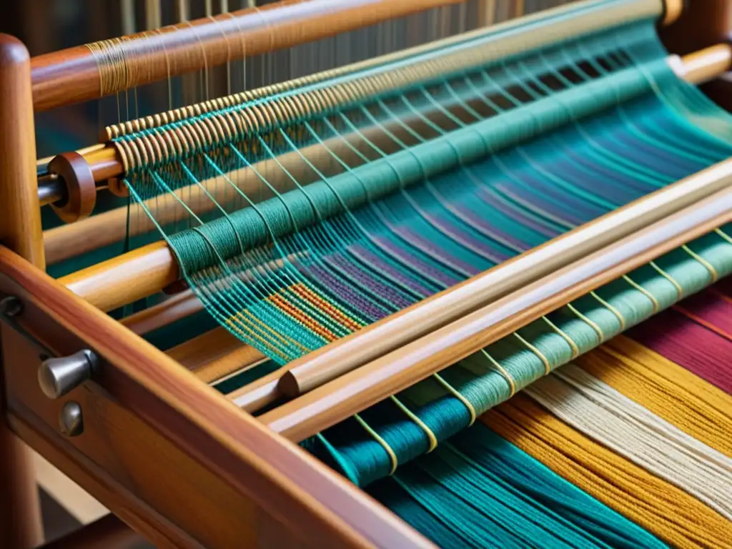 Detalles de un telar de madera vintage con hilos de colores entrelazados, evocando la artesanía textil y el diseño tradicional