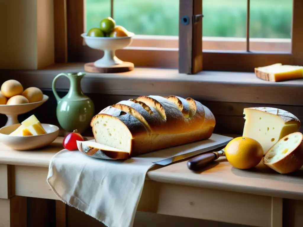 Una fotografía digital de alimentos artesanales exquisitamente dispuestos en una mesa rústica, bañados por luz natural