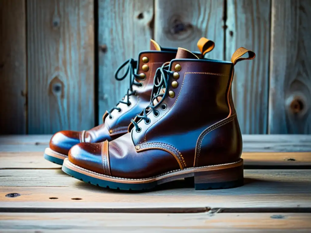 Una fotografía digital para upcycling artesanal: botas de cuero vintage sobre superficie de madera, resaltando la belleza de la artesanía envejecida