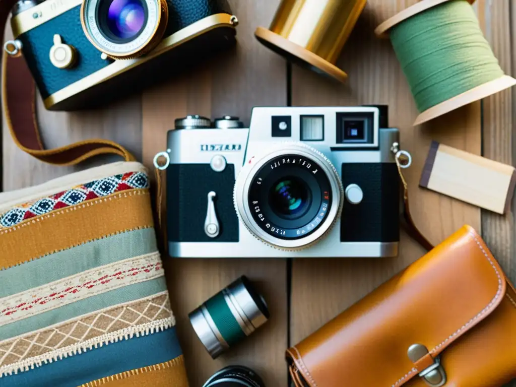 Fotografía digital para upcycling artesanal: Una cámara vintage capturando detalles de artesanía sostenible con tonos cálidos y texturas nostálgicas