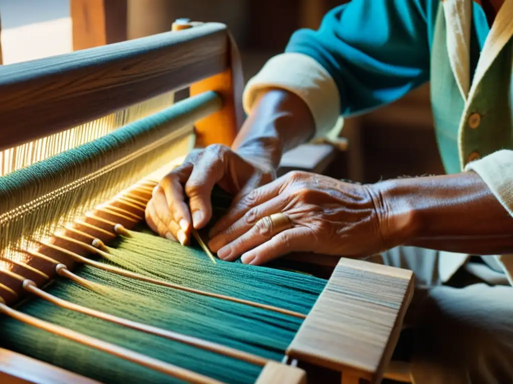 Transformación digital en la artesanía tradicional: manos expertas tejiendo con un telar de madera, resaltando la artesanía y la historia