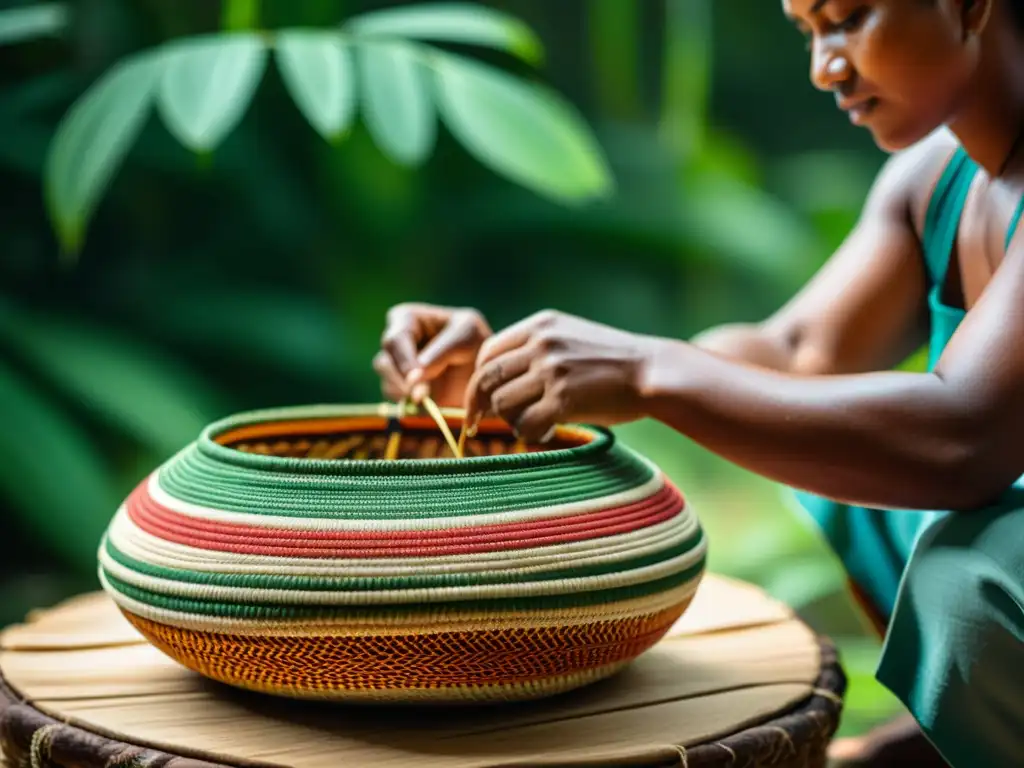 Reconstrucción digital de cestería indígena: artesano tejiendo una canasta en la selva tropical