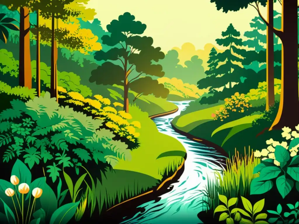 Una ilustración digital de estilo vintage de un exuberante bosque verde con detalles intrincados de plantas, flores y vida silvestre