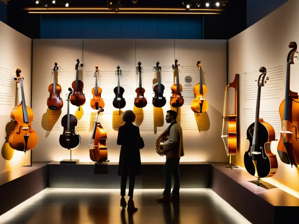 Exhibición digital de instrumentos musicales tradicionales en ambiente cálido y culturalmente enriquecedor, con visitantes admirando las piezas