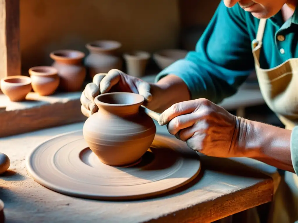 Fotografía digital artesanía tradicional: Artesano moldeando arcilla con herramientas tradicionales, iluminado por luz cálida