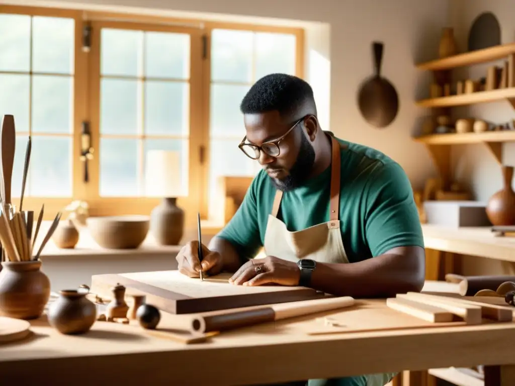 Diseñador artesanal crea mueble único fusionando tecnología y tradición en estudio soleado