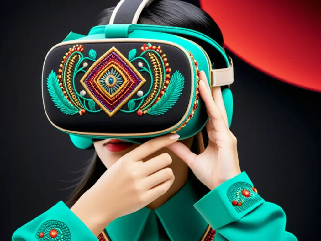 Diseñador manipulando bordados tradicionales en realidad virtual, fusionando lo antiguo y lo moderno