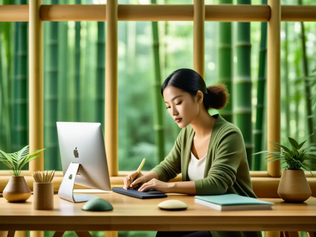 Un diseñador digital trabaja rodeado de materiales ecológicos, junto a una ventana con vista a un exuberante bosque