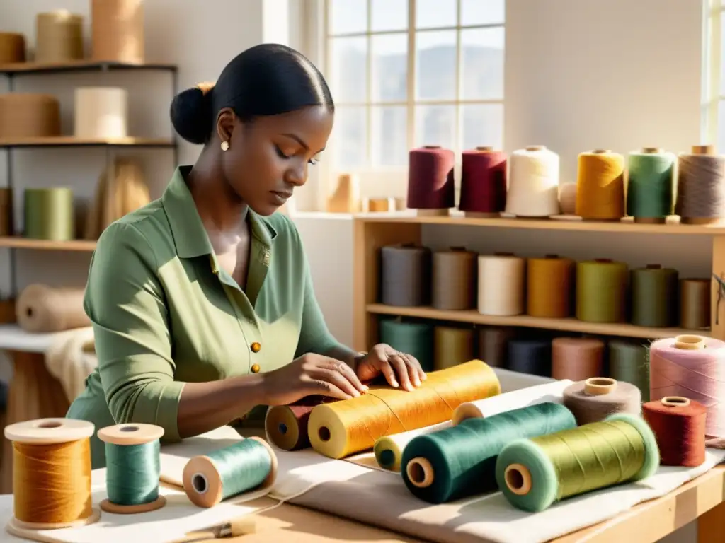 Un diseñador de moda trabaja con materiales ecológicos en su estudio soleado, creando prendas bellas y sostenibles