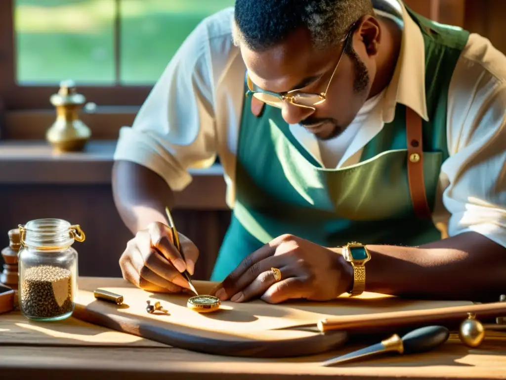 Diseñador de joyería con realidad aumentada crea una pieza delicada con herramientas vintage en un cálido taller iluminado