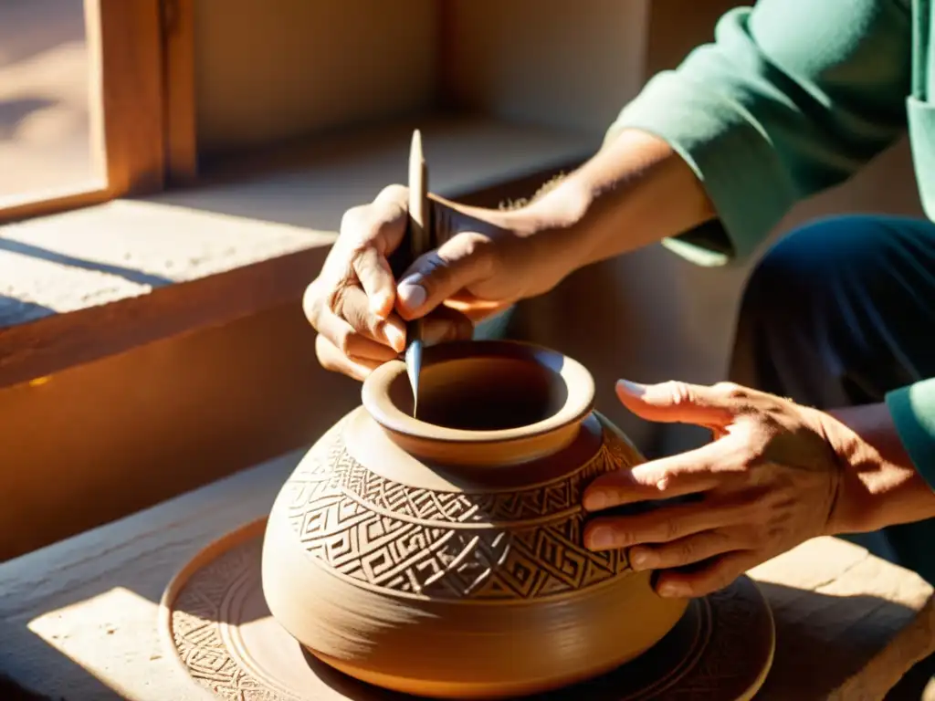 Diseño artesanal: un alfarero crea diseños intrincados en cerámica a la luz dorada del sol, con herramientas tradicionales