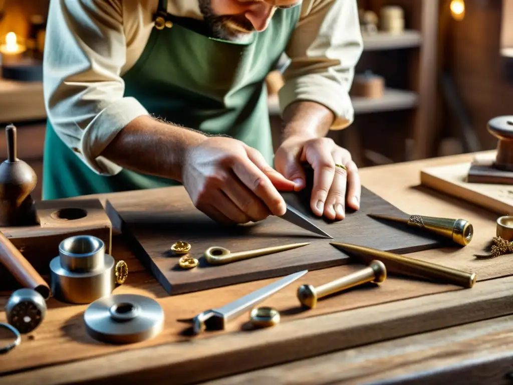 Diseño artesanal en la era digital: Un artesano experto crea meticulosamente una delicada joya con herramientas vintage en un banco de trabajo de madera