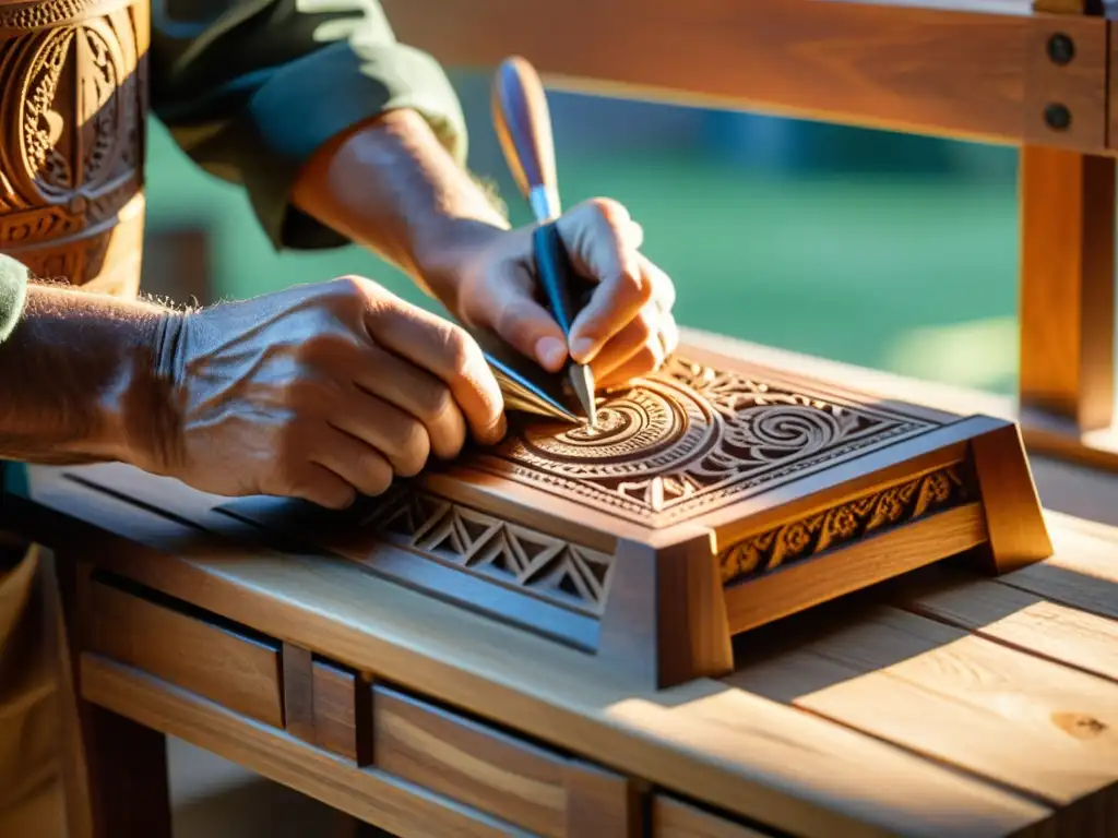 Diseño artesanal: manos expertas esculpen detalladas figuras en madera, iluminadas por cálida luz solar, fusionando tradición y modernidad