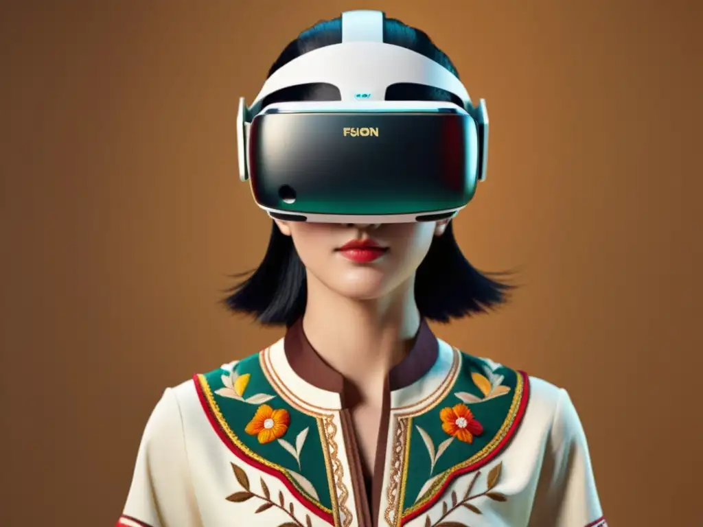 Diseño de bordados tradicionales en realidad virtual: Un diseño tradicionalmente bordado se fusiona con un avatar en 3D, creando un contraste fascinante entre la artesanía y la tecnología moderna