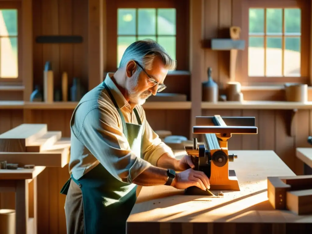 Diseño digital en la carpintería artesanal: un artesano talla con precisión diseños en madera, iluminado por cálida luz solar