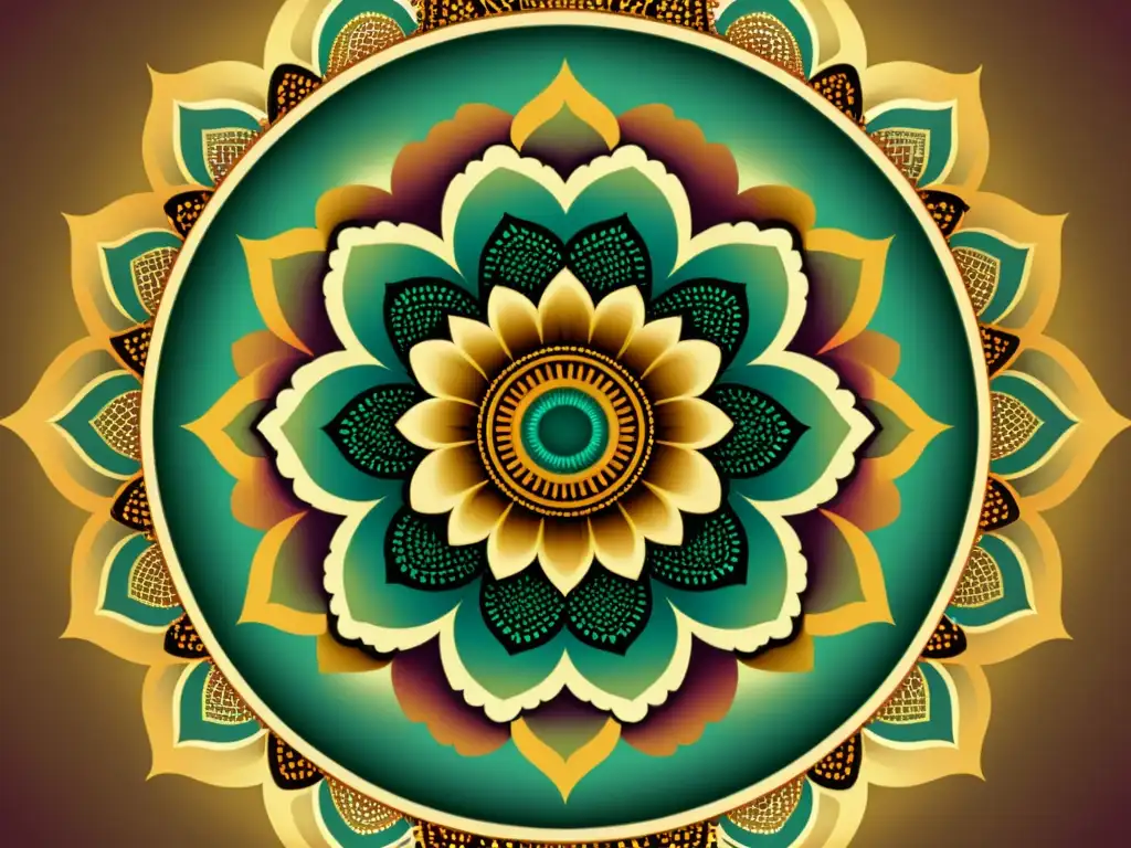 Un diseño digital vintage de mandala con patrones intrincados y colores vibrantes, realzando la artesanía meticulosa y la estética nostálgica