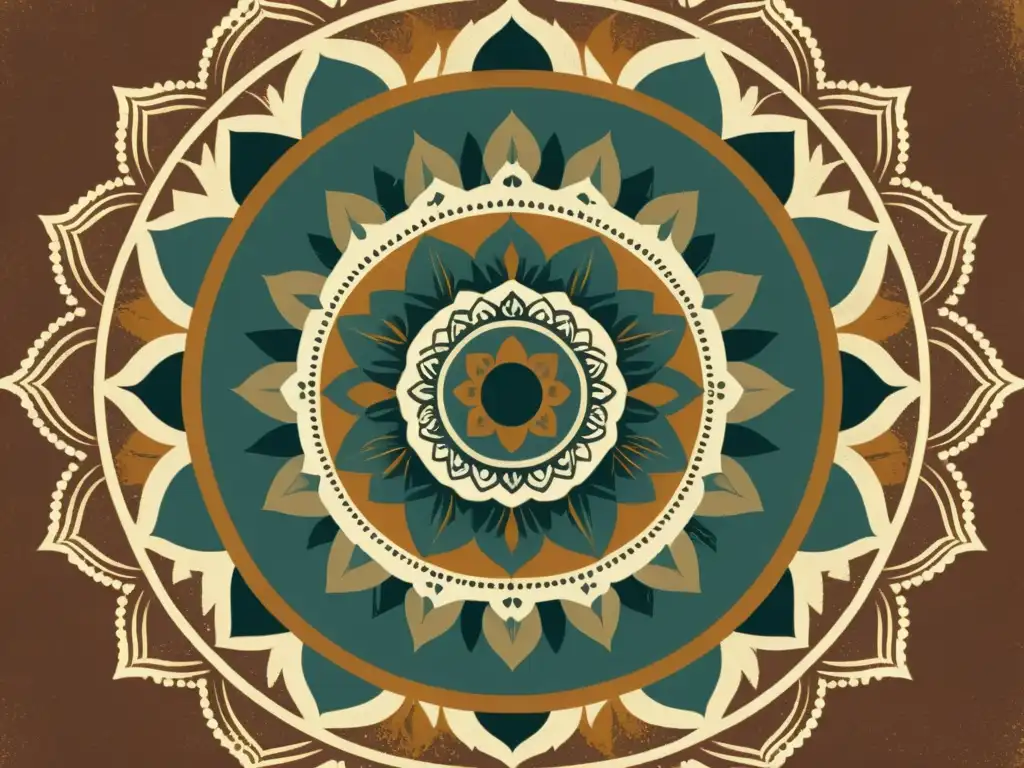 Un diseño digital vintageinspirado de un mandala con patrones digitales con significado marca en tonos cálidos y texturas desgastadas