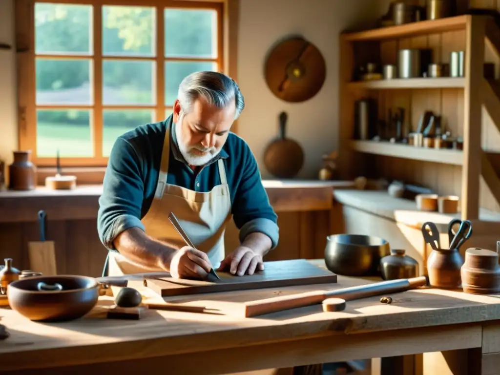 Diseño gráfico artesanal para web: Un artesano experto crea con esmero un diseño tradicional en un banco de trabajo de madera envejecida, rodeado de herramientas vintage