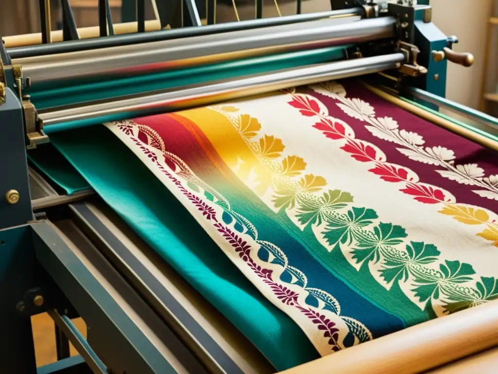 Diseño gráfico en textiles artesanales: Impresión vintage en tela con tintas vibrantes y movimiento dinámico, evocando historia y creatividad