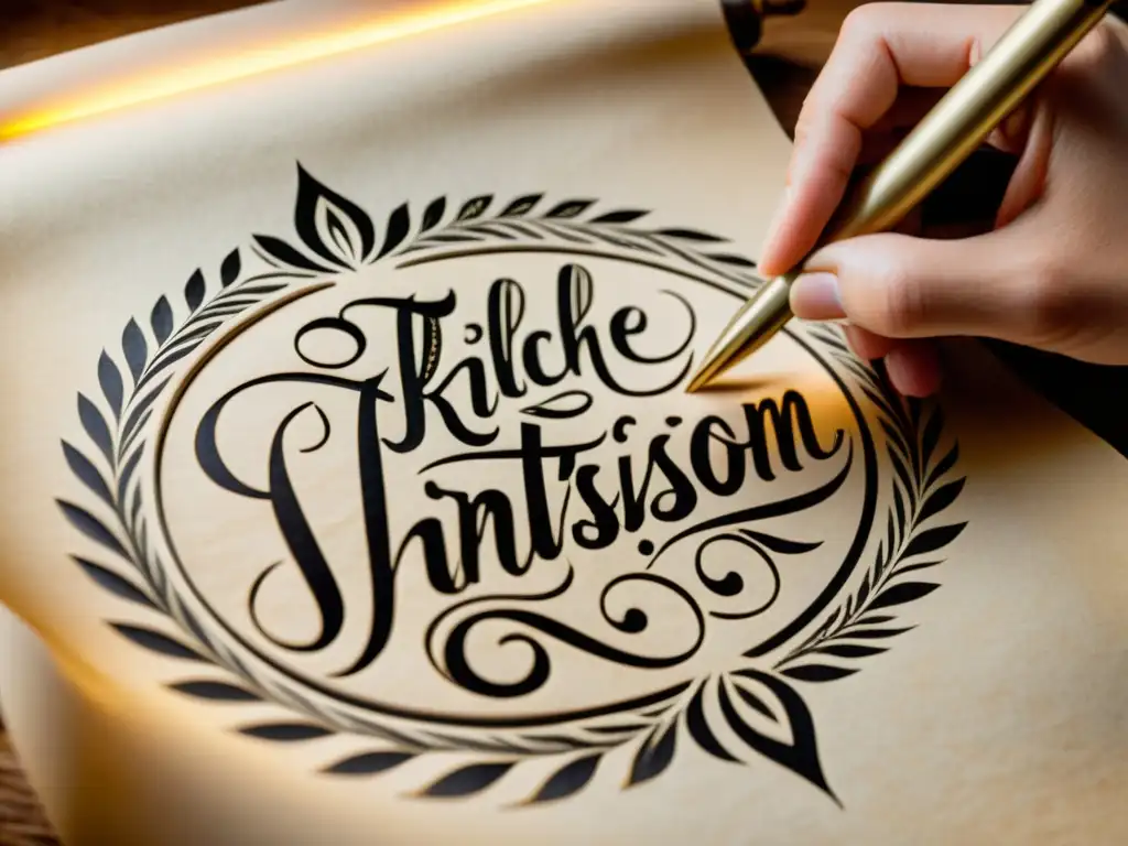 Diseño gráfico artesanía tradicional: Detalle de artesano decorando con caligrafía vintage en pergamino envejecido, resaltado por cálida iluminación