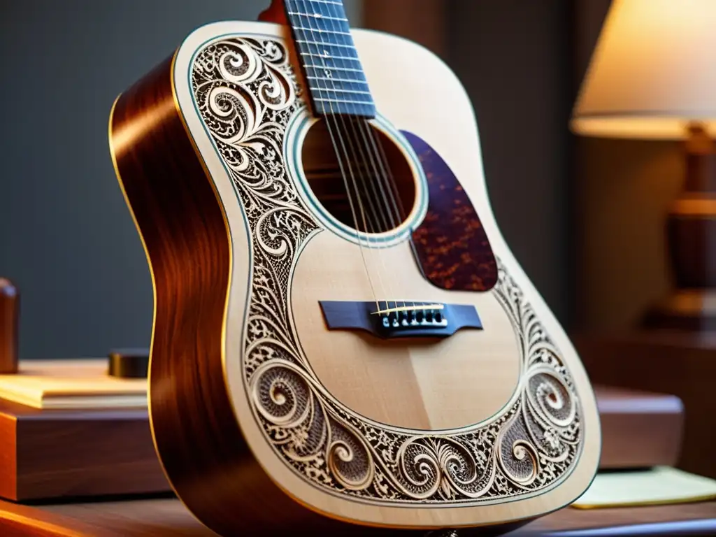 Diseño de instrumentos musicales artesanales: Un artesano talla delicados diseños en una guitarra de caoba, fusionando tradición y modernidad