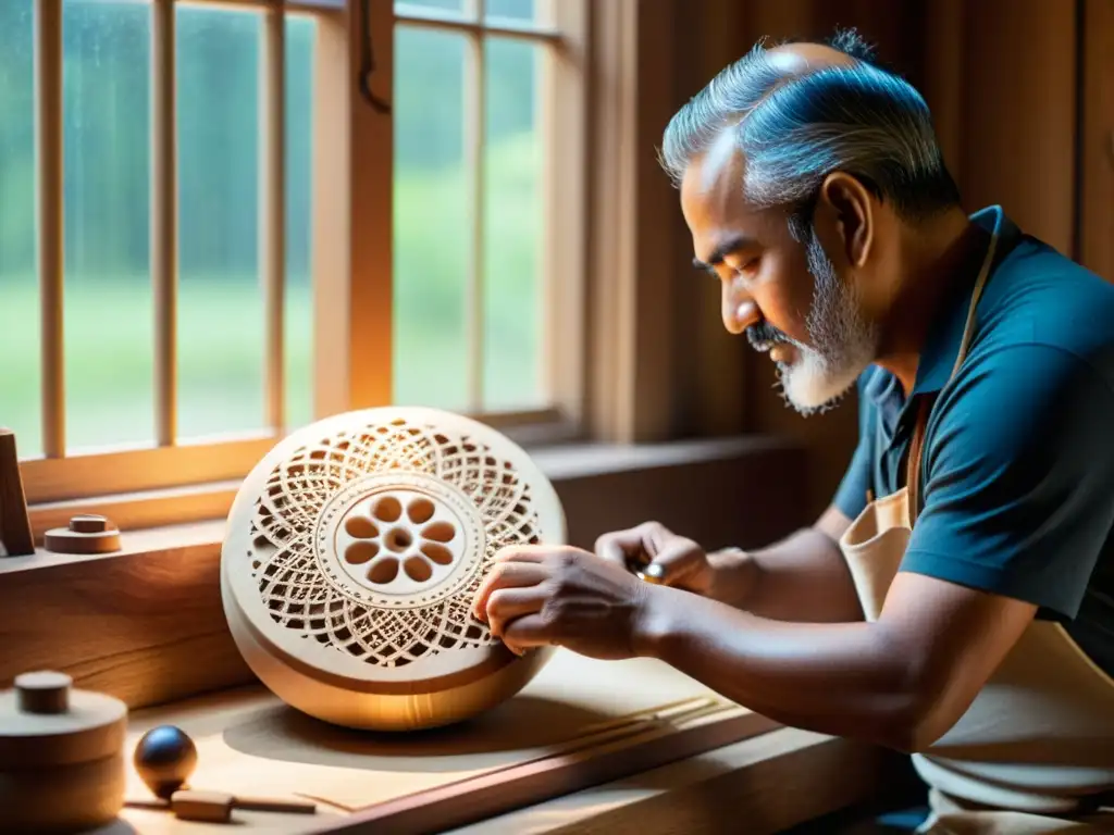 Diseño de instrumentos musicales artesanales: Un hábil artesano talla delicados diseños en un instrumento de madera, iluminado por cálida luz natural