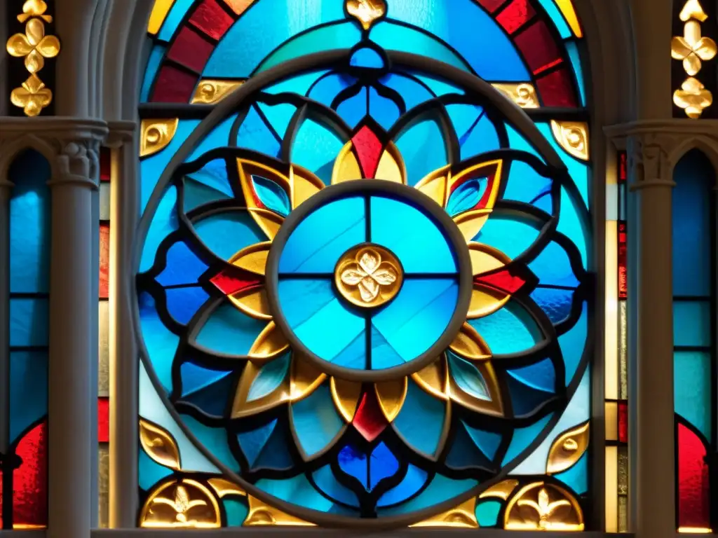 Diseño de interfaces inspirado en vitrales: Detalle de una ventana de vitral medieval, con patrones en azul, rojo y dorado, iluminados por la luz