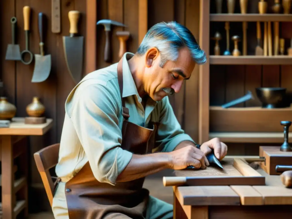 Diseño de muebles artesanales tecnológicos: Un artesano talla con esmero una silla de madera en un taller tradicional, resaltando la artesanía atemporal